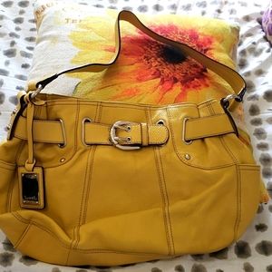 Tignanello Mustard Yellow Pebble Leather Metal Buckle Trim Shoulder Bag